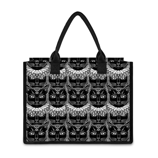 Black And White Gothic Wiccan Cat Print Canvas Tote Bag