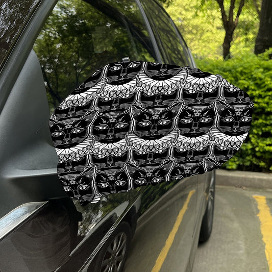 Black And White Gothic Wiccan Cat Print Car Side Mirror Covers