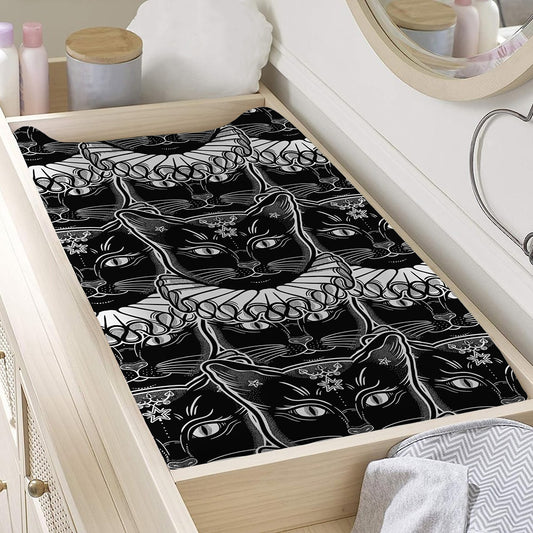 Black And White Gothic Wiccan Cat Print Changing Pad Cover