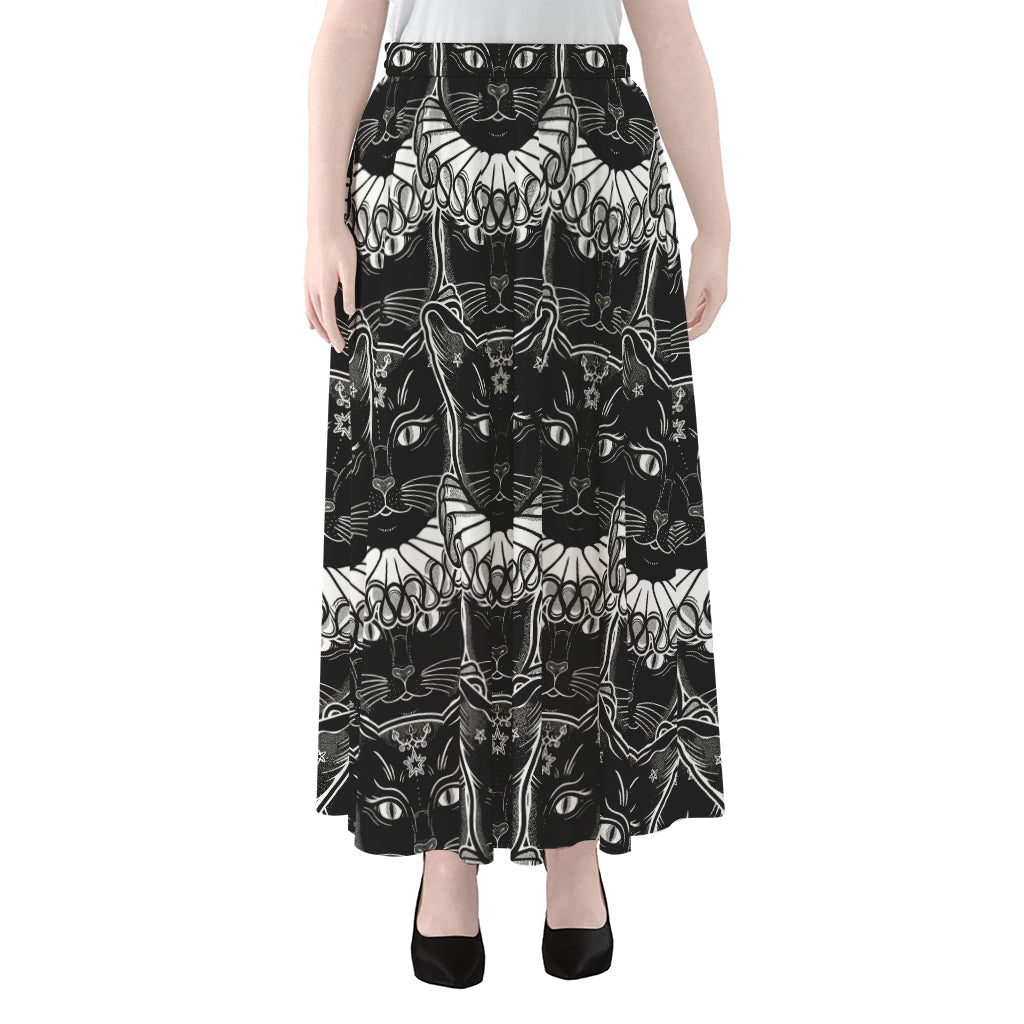 Black And White Gothic Wiccan Cat Print Chiffon Maxi Skirt