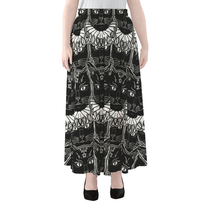 Black And White Gothic Wiccan Cat Print Chiffon Maxi Skirt