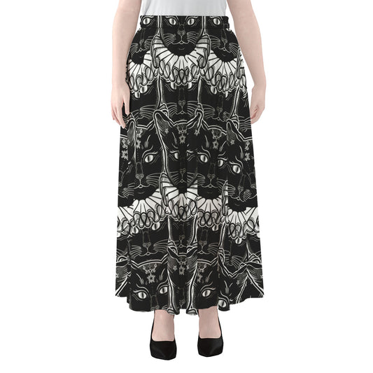 Black And White Gothic Wiccan Cat Print Chiffon Maxi Skirt