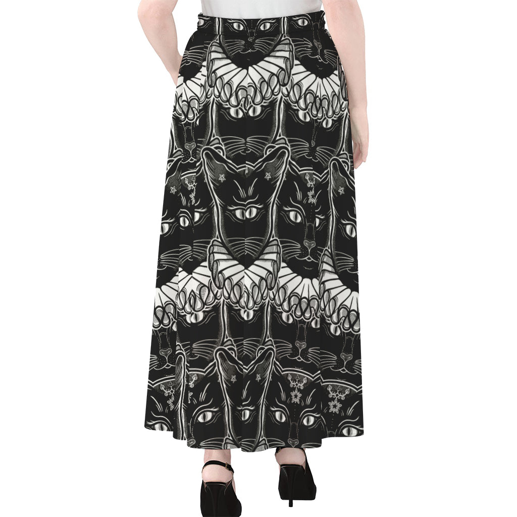 Black And White Gothic Wiccan Cat Print Chiffon Maxi Skirt