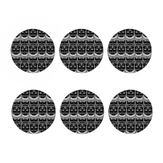 Black And White Gothic Wiccan Cat Print Coaster Set