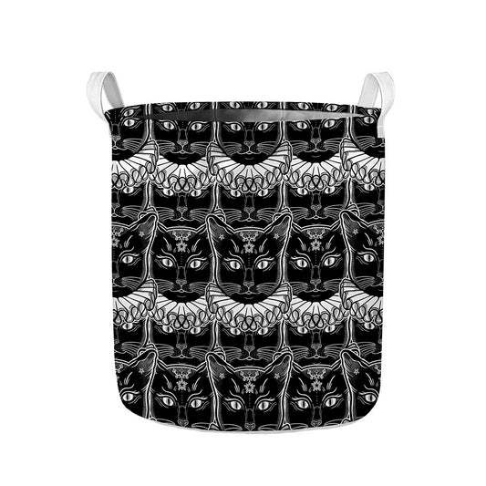 Black And White Gothic Wiccan Cat Print Collapsible Laundry Basket