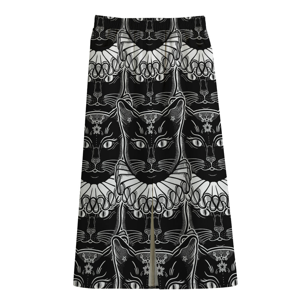 Black And White Gothic Wiccan Cat Print Cotton Front Slit Maxi Skirt