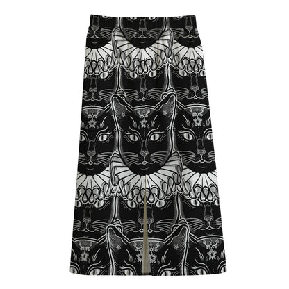 Black And White Gothic Wiccan Cat Print Cotton Front Slit Maxi Skirt