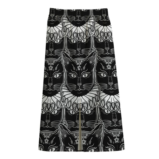 Black And White Gothic Wiccan Cat Print Cotton Front Slit Maxi Skirt