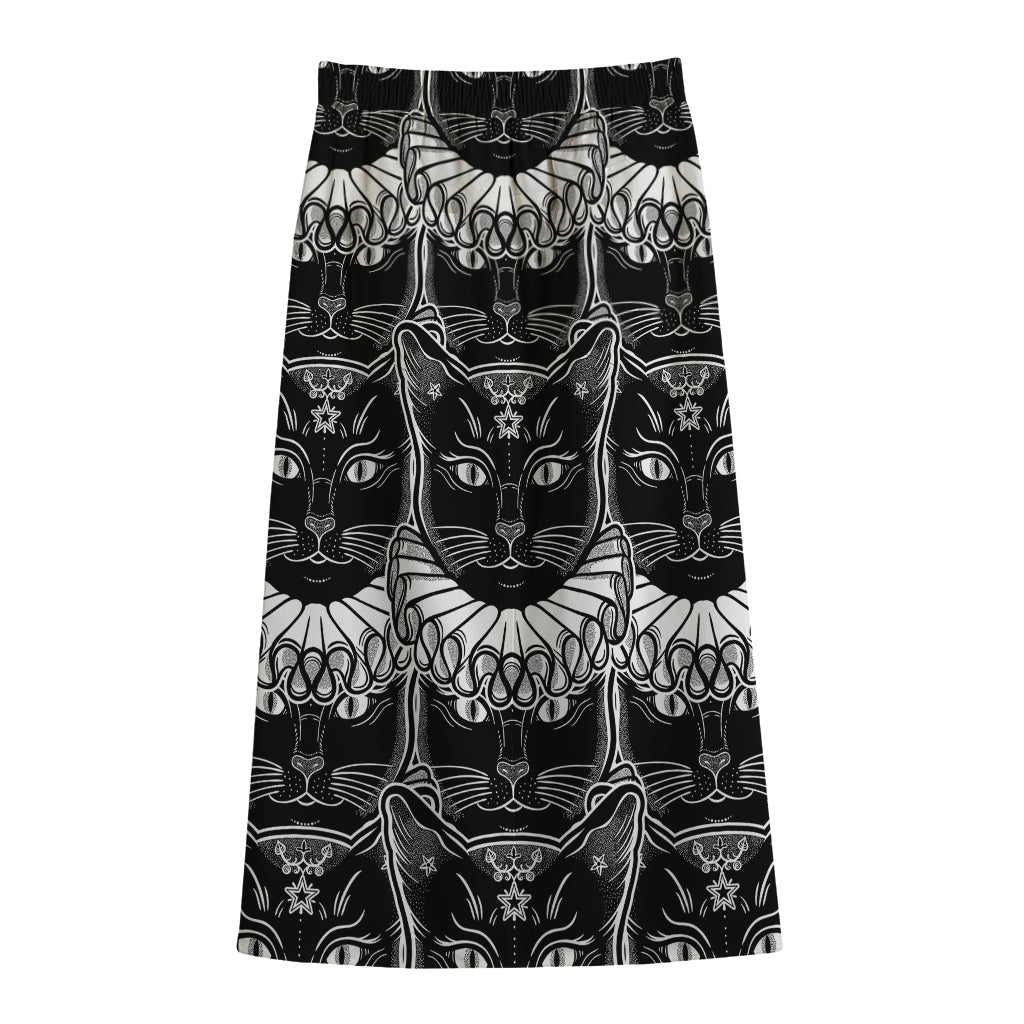 Black And White Gothic Wiccan Cat Print Cotton Front Slit Maxi Skirt