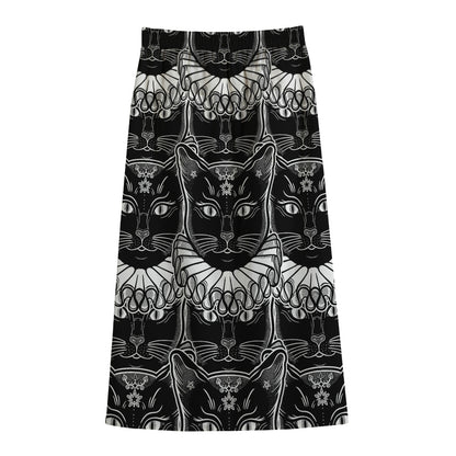 Black And White Gothic Wiccan Cat Print Cotton Front Slit Maxi Skirt