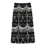 Black And White Gothic Wiccan Cat Print Cotton Front Slit Maxi Skirt