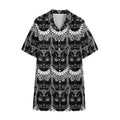 Black And White Gothic Wiccan Cat Print Cotton Hawaiian Shirt