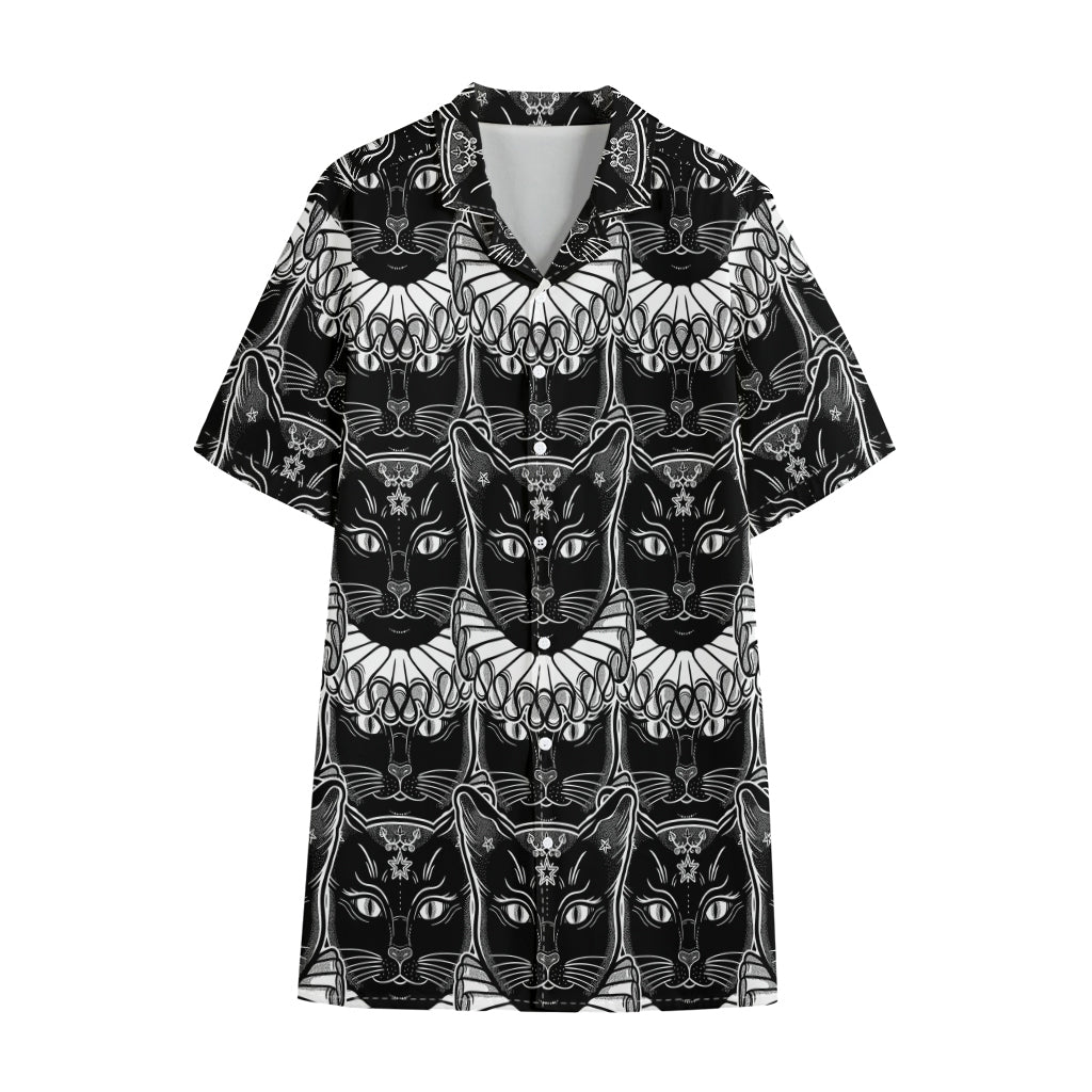 Black And White Gothic Wiccan Cat Print Cotton Hawaiian Shirt