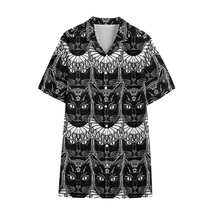 Black And White Gothic Wiccan Cat Print Cotton Hawaiian Shirt