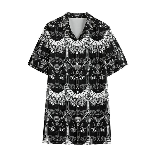 Black And White Gothic Wiccan Cat Print Cotton Hawaiian Shirt