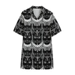 Black And White Gothic Wiccan Cat Print Cotton Hawaiian Shirt