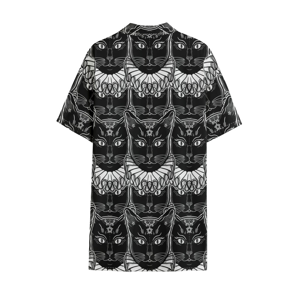 Black And White Gothic Wiccan Cat Print Cotton Hawaiian Shirt