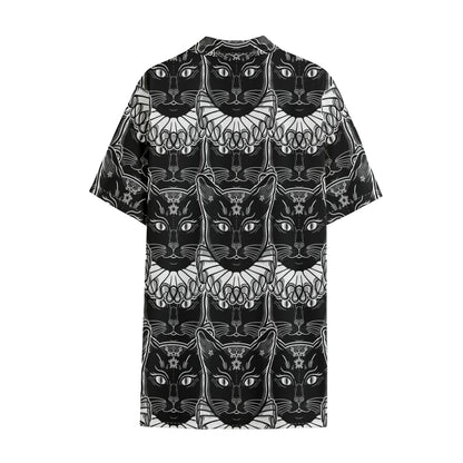Black And White Gothic Wiccan Cat Print Cotton Hawaiian Shirt