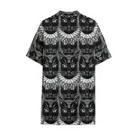 Black And White Gothic Wiccan Cat Print Cotton Hawaiian Shirt