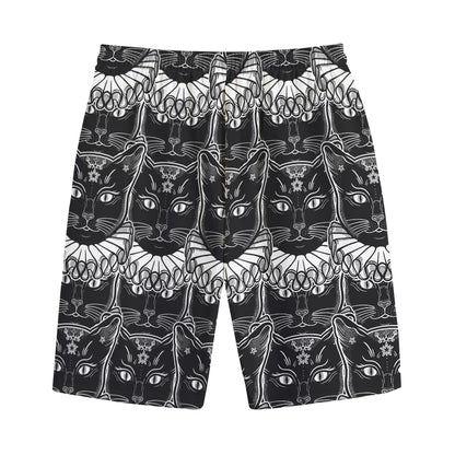 Black And White Gothic Wiccan Cat Print Cotton Shorts