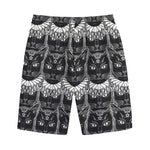 Black And White Gothic Wiccan Cat Print Cotton Shorts