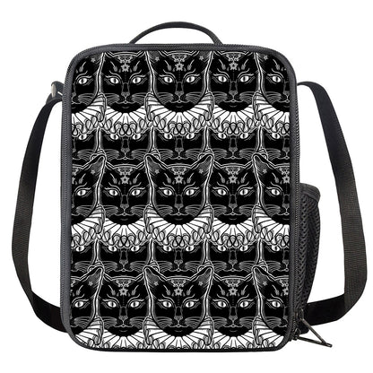 Black And White Gothic Wiccan Cat Print Crossbody Lunch Bag