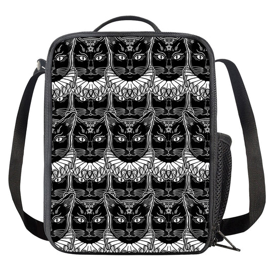 Black And White Gothic Wiccan Cat Print Crossbody Lunch Bag