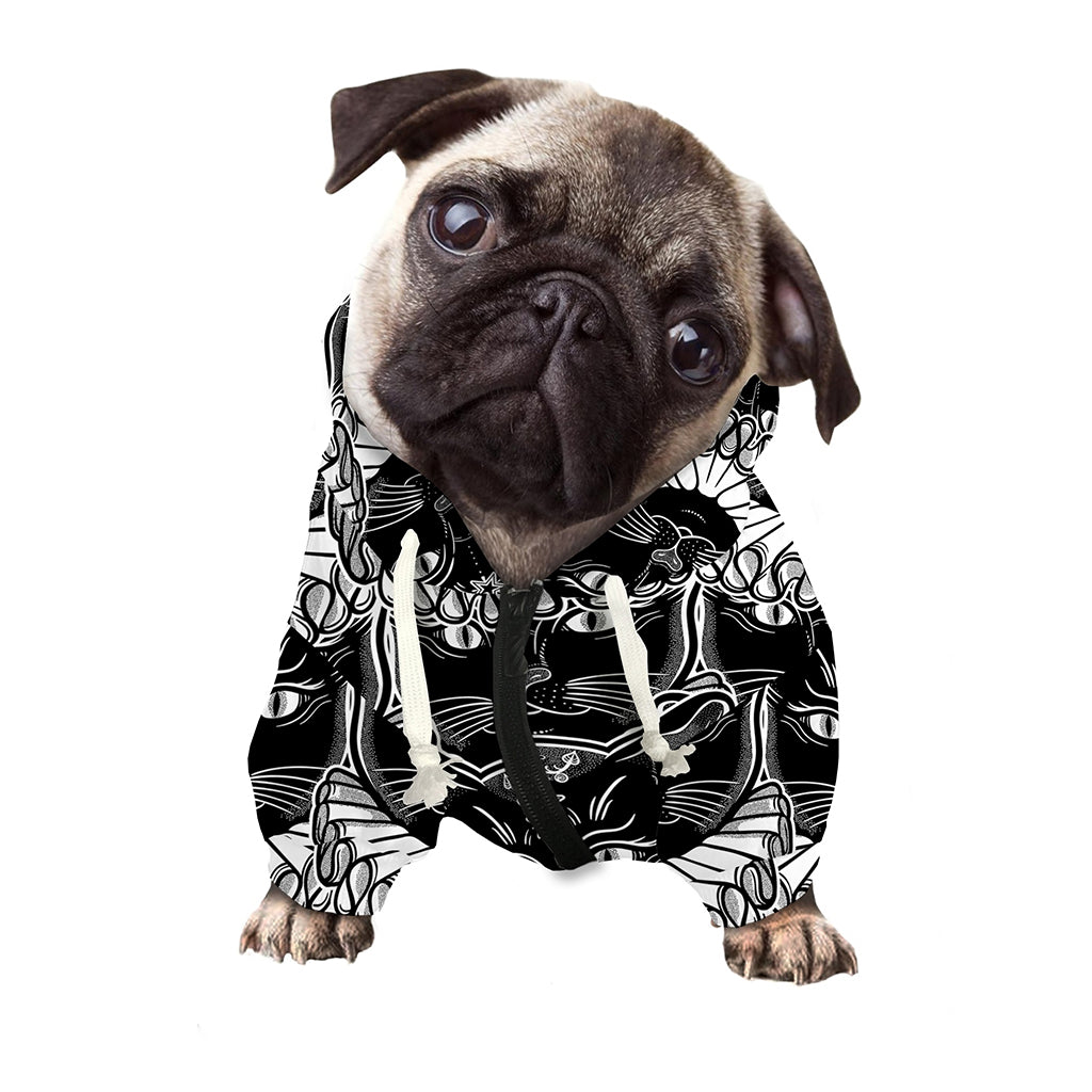Black And White Gothic Wiccan Cat Print Dog Zip Up Hoodie