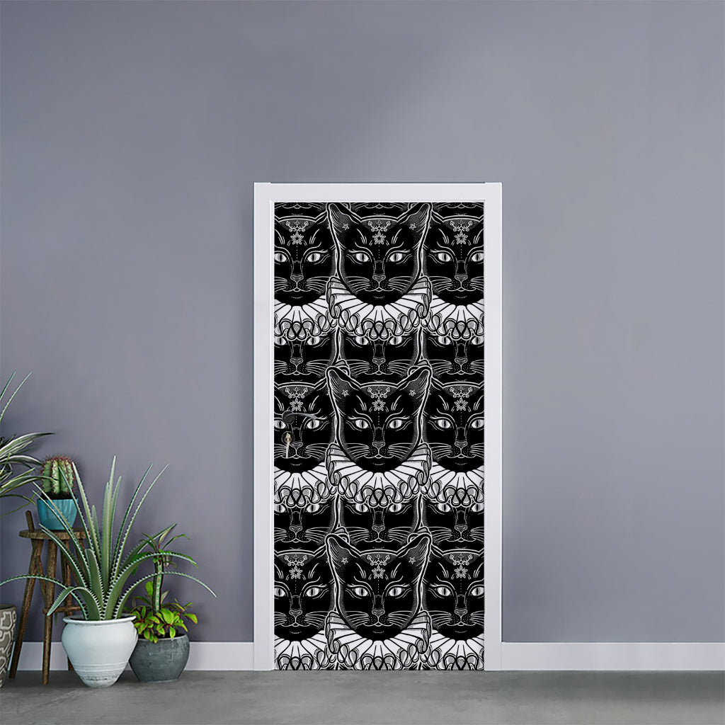Black And White Gothic Wiccan Cat Print Door Sticker