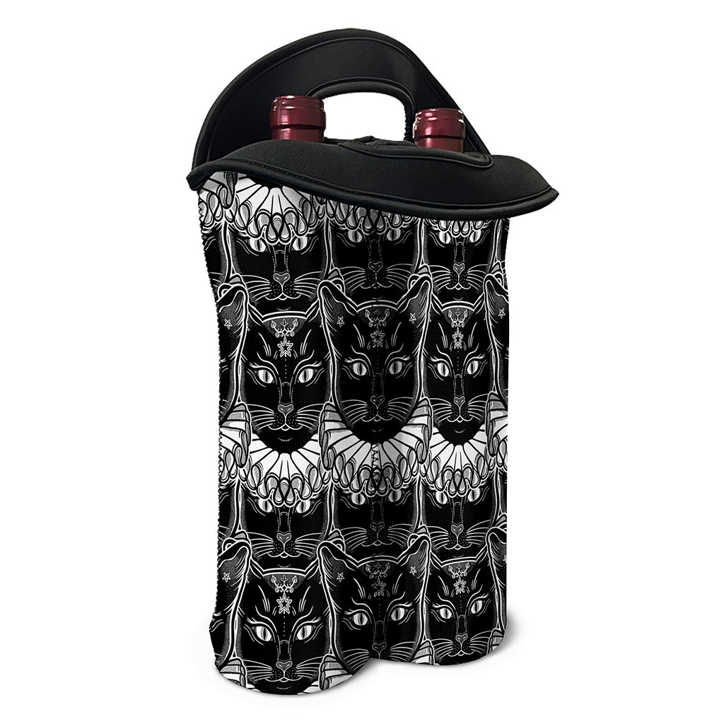 Black And White Gothic Wiccan Cat Print Double Neoprene Wine Tote