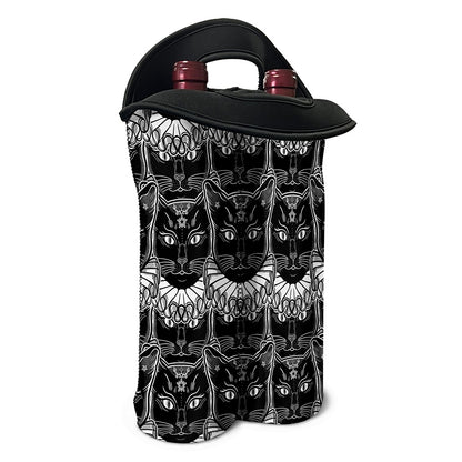 Black And White Gothic Wiccan Cat Print Double Neoprene Wine Tote