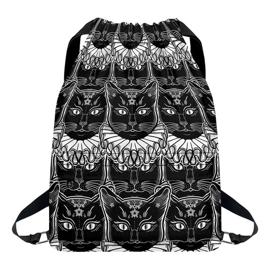 Black And White Gothic Wiccan Cat Print Drawstring Backpack