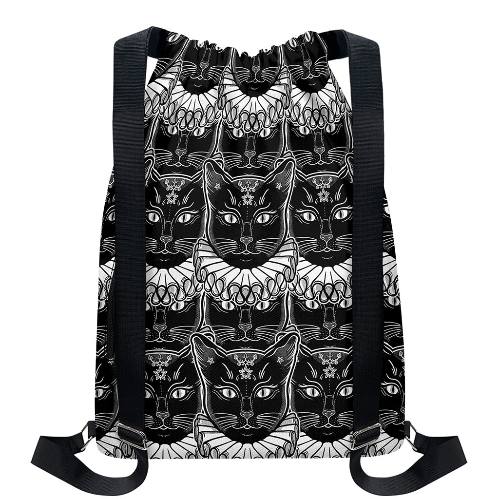 Black And White Gothic Wiccan Cat Print Drawstring Backpack