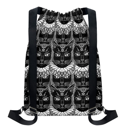 Black And White Gothic Wiccan Cat Print Drawstring Backpack