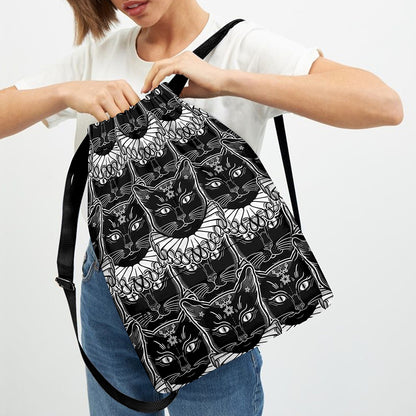 Black And White Gothic Wiccan Cat Print Drawstring Backpack