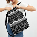 Black And White Gothic Wiccan Cat Print Drawstring Backpack