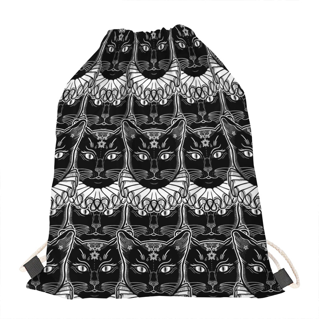 Black And White Gothic Wiccan Cat Print Drawstring Bag