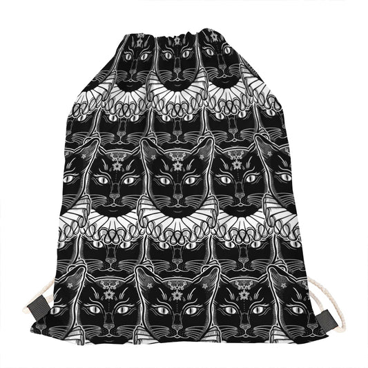 Black And White Gothic Wiccan Cat Print Drawstring Bag