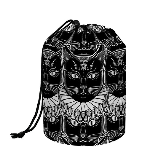 Black And White Gothic Wiccan Cat Print Drawstring Makeup Bag