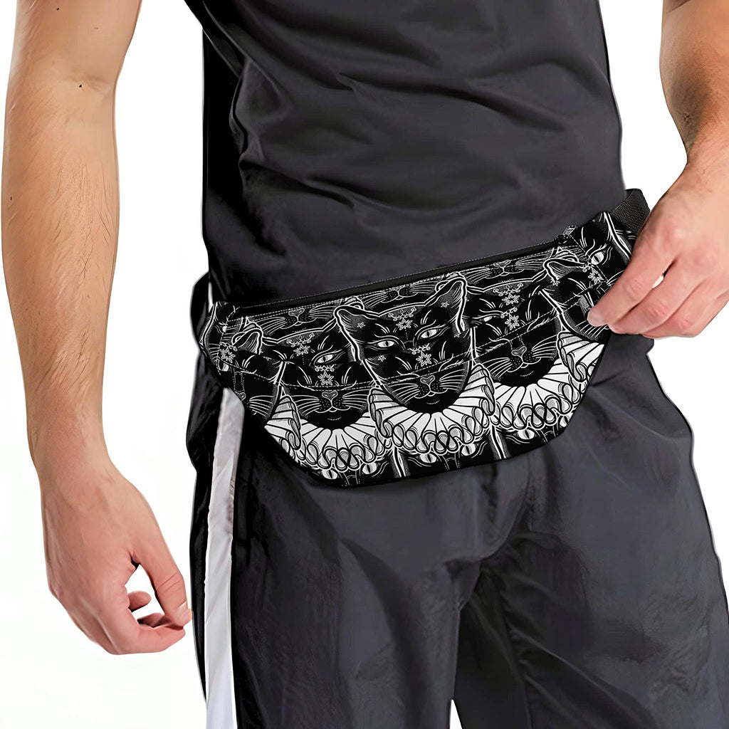 Black And White Gothic Wiccan Cat Print Fanny Pack