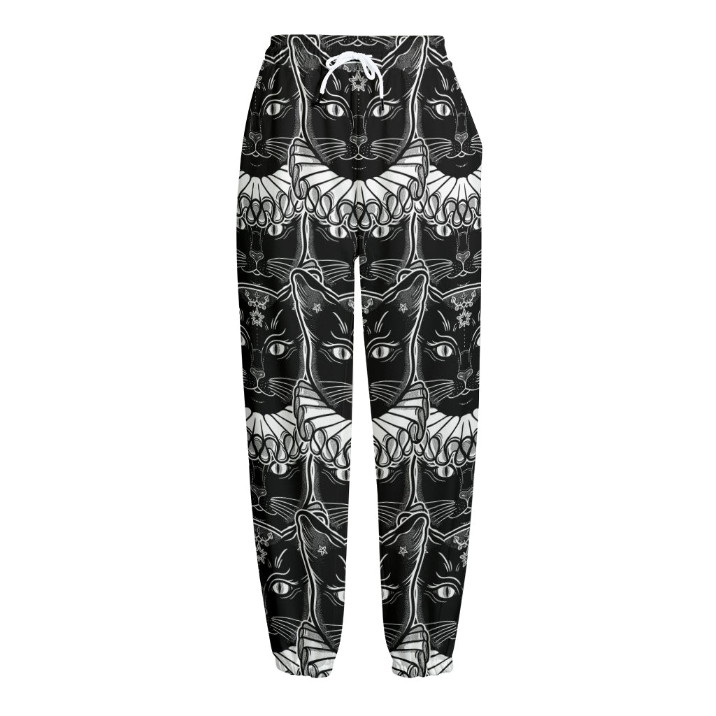 Black And White Gothic Wiccan Cat Print Fleece Lined Knit Pants