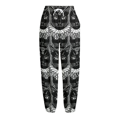 Black And White Gothic Wiccan Cat Print Fleece Lined Knit Pants