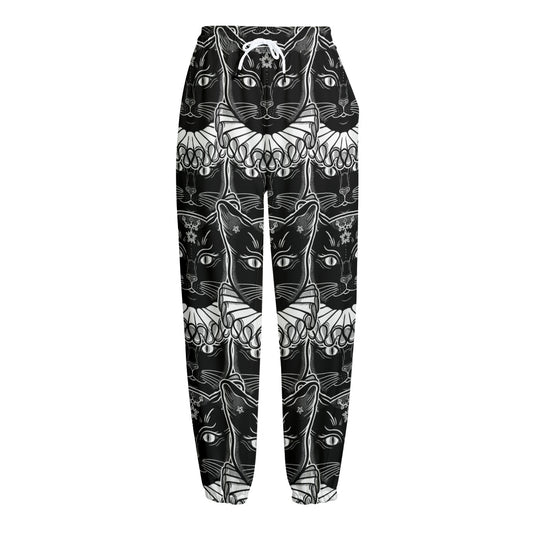Black And White Gothic Wiccan Cat Print Fleece Lined Knit Pants