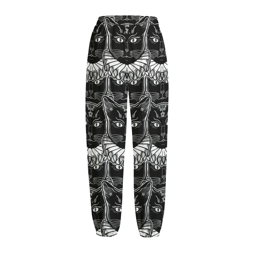 Black And White Gothic Wiccan Cat Print Fleece Lined Knit Pants