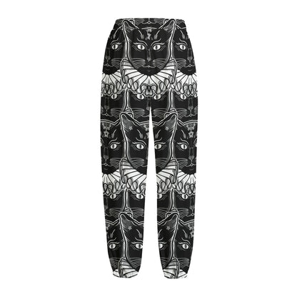 Black And White Gothic Wiccan Cat Print Fleece Lined Knit Pants