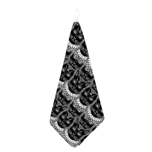 Black And White Gothic Wiccan Cat Print Hand Towel