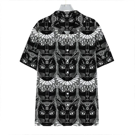 Black And White Gothic Wiccan Cat Print Hawaiian Shirt