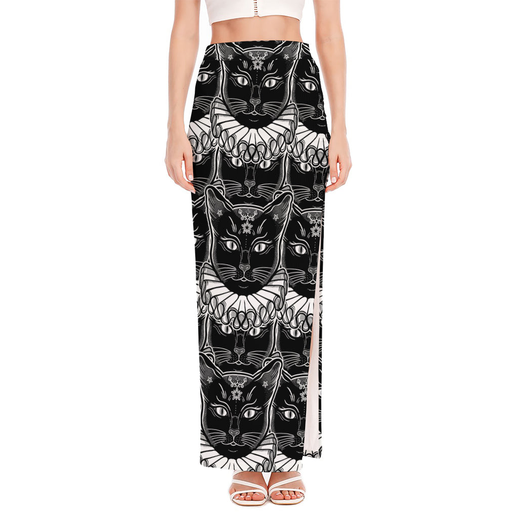 Black And White Gothic Wiccan Cat Print High Slit Maxi Skirt