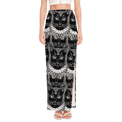 Black And White Gothic Wiccan Cat Print High Slit Maxi Skirt