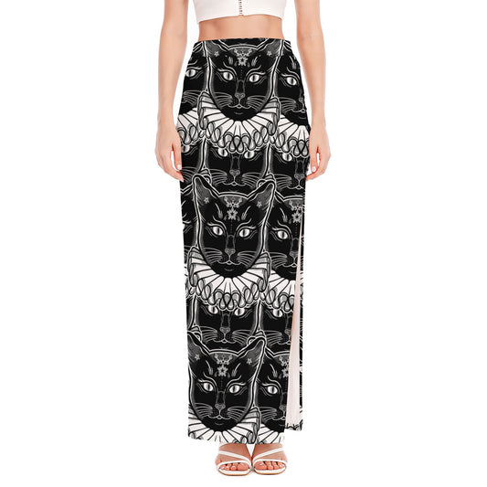 Black And White Gothic Wiccan Cat Print High Slit Maxi Skirt